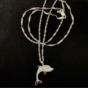 14K White Gold Dolphin Pendant Necklace